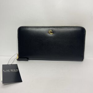 Ralph Lauren Continental Leather Zip Around Wallet Black w/ Gold Tone Hardware